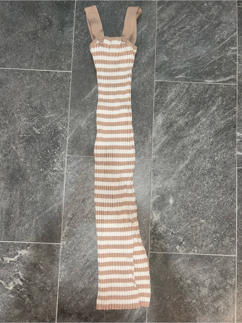 Ribbed Striped Maxi Dress in Beige and White